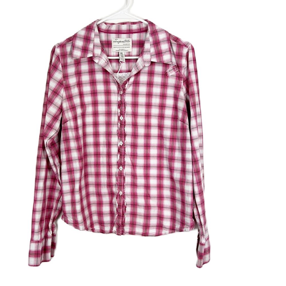 Aeropostale Button Down Shirt Youth Extra Large PInk Plaid Lace Back Long Sleeve